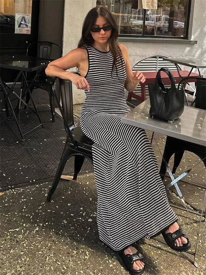 Striped Sleeveless Slim Maxi Dress Female Hollow Out Patchwork Casual Boho Holiday Beach Dress Women's High Waist Dress