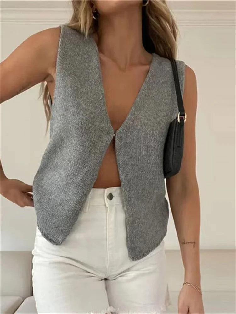 Female Hollow Out Knit Cardigan Sexy Sleeveless Baggy High Street Tank Top Summer V-Neck Slim Fashion Women Vest Y2k Top