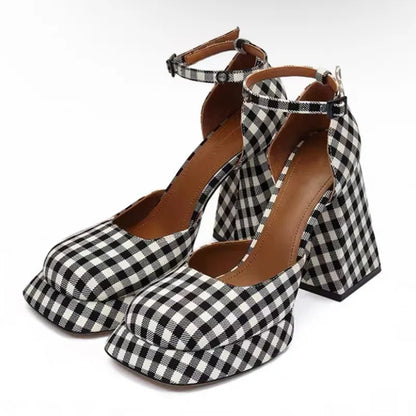 Spring Women Pumps Mary Jane Platform Chunky High Heel Ladies Sandals Female Plaid Desigh Retro Claasic Dress Party Shoes Mujer