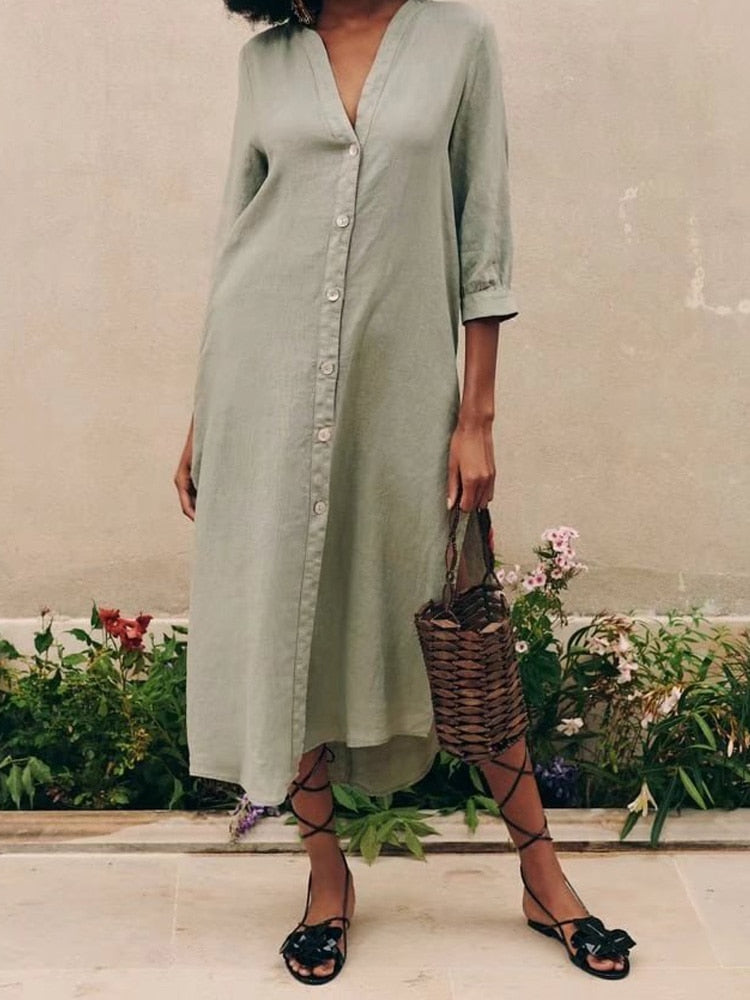 Summer Women Casual Shirts Dress Solid Linen V-Neck Buttons Female Fashion Elegant Street Loose Dresses Vestidos