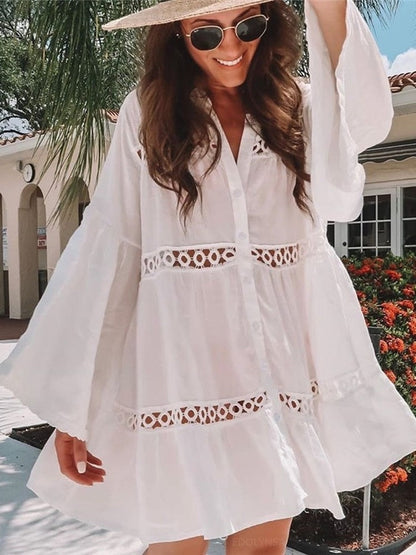 Women Swimsuit Cover Ups Mandarin Sleeve Kaftan Beach Tunic Dress Robe De Plage Solid White Pareo Beach Cover-ups dingdamall mid size graduation outfit romantic style teen swag clean girl ideas 90s latina aesthetic