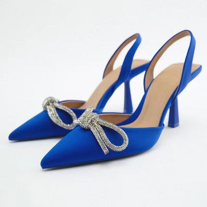 Women Blue Slingback Pumps High Heels Crystal Bowknot Party Dress Shoes Woman Sexy Pointed Toe Stiletto Heel Sandals Summer