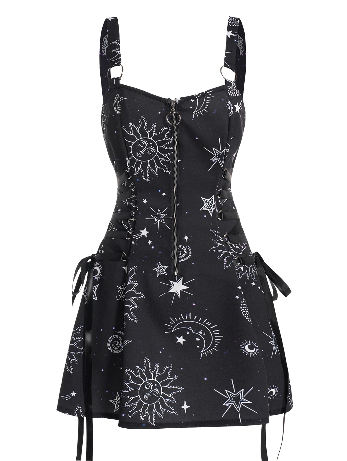 Sun Star Print Dress Half Zipper Lace Up High Waisted Strap A Line Mini Robe Fashion Casual Tank Playsuit For Women