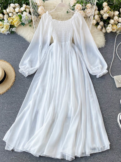 Spring Autumn Women Elegant Holiday Dresses Puff Sleeve Slash Neck Off Shoulder Smocked White Chiffon Dresses