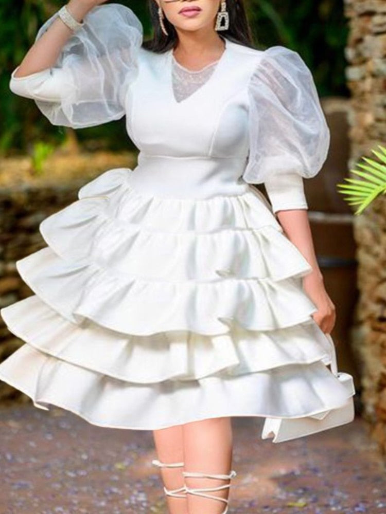 Women White Cake Dresses  Bubble Lantern Sleeves Patchwork Party Fashion Lovely Celebrate Occasion Event Lolita Female Robes New dingdamall mid size graduation outfit romantic style teen swag clean girl ideas 90s latina aesthetic