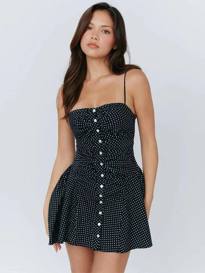 YESMYTOOL  -  Sexy Polka Dot Women Buttons Slim Mini Dress Fashion Backless Sleeveless Sling A-line Dresses 2024 Summer Lady Sweet Street Robe