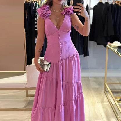 YESMYTOOL  -  Fashion Cross Backless Pleated Dresses Ladies Sexy Deep V High Waist Evening Dress 2024 Casual Sleeveless Button Slim Long Dress