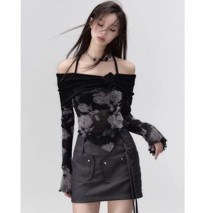 Black Fake Two Piece Off Shoulder Tops Women Autumn New Slim Fit Halter Print Tee Shirt Y2k E-Girl Long Sleeve T-shirts