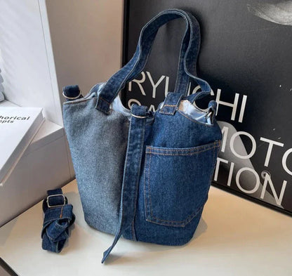 Washed Denim Fabric Shoulder Bucket Bags For Women Designer Handbags Colorblock Patchwork Crossbody Bag Large Capacity Tote