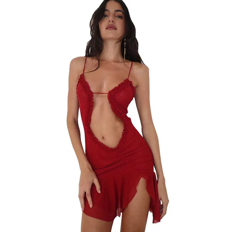 YESMYTOOL  -  Ruffles Mesh Spaghetti Straps Mini Dress Women 2024 Spring New Sexy Deep V Neck Backless Double Layered Party Beach Outfits