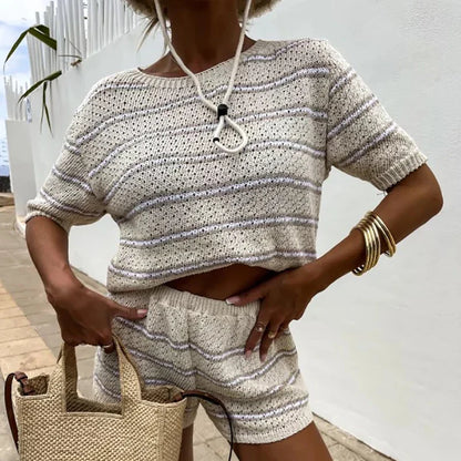 dingdamall  -  New 2024 Striped Knitted Two Piece Sets Summer Women's O-neck Top with Shorts Suit Fashion Color Blocking Slim Fit Beach Outfits