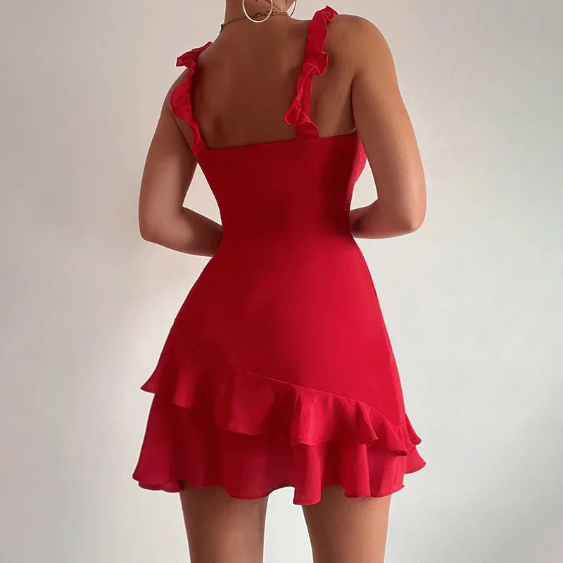 Sexy Suspender Mini Dress Ruffled Splice Sexy Plunge Hot Girl Frill Sleeveless Bodycon Dress Female Beach Party Outfits