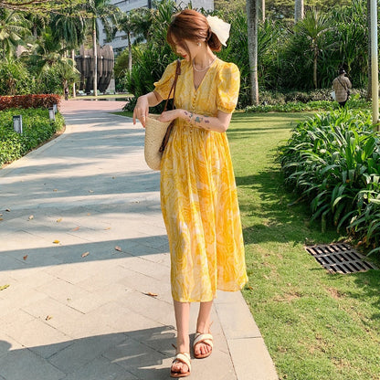 Summer Bohemian Yellow Women's Senior Sense Chiffon V-neck High Waist Thin Temperament Elegant Fashion Seaside Resort Long Dress