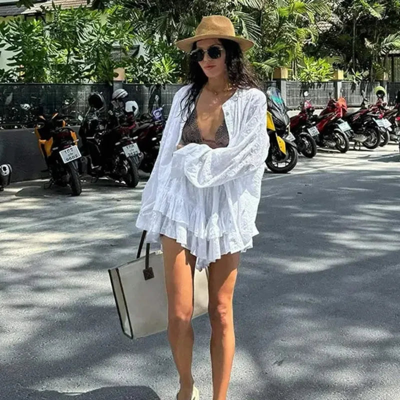 dingdamall  -  High Street White Long Sleeve Shirt Suits Stand Collar Button Top Pleated Shorts Two Piece Sets Beachwear Casual Suits For Women