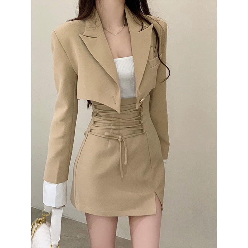 2 Piece Dress Set Women Casual Y2k Crop Tops Elegant Jacket Coats + Mini Skirts Korean Fashion Suits Autumn Blazers Dress