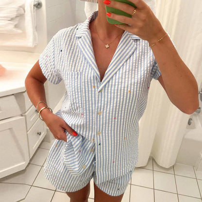 dingdamall  -  2024 Elegant Striped Homewear 2pc Sets Ladies Lapel Button Shirt and Tie Up Shorts Slim Suits Casual Heart Printed Pajama Outfit