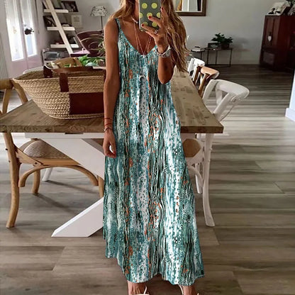 YESMYTOOL  -  2024 Summer Bohemian Long Dress Women's V-neck High Waist Pattern Printed Dress Casual Hollow Sleeveless Spaghetti Strap Dresses