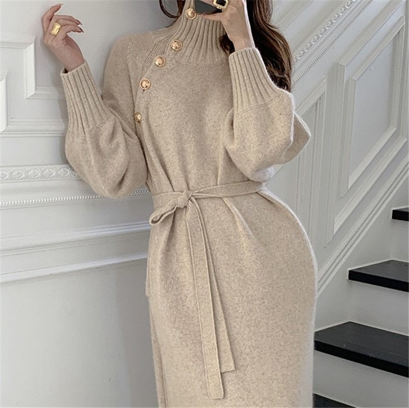 Winter Turtleneck Buttons Women Knitted Dress Elegant Full Sleeve Lace-up Female Thicken Long Dress for Sweater Autumn