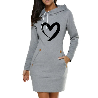 Women Hoodie Dress solid color long-sleeved drawstring hoodie dress, pocket loose hooded pullover sweatshirt dress 5 Colors