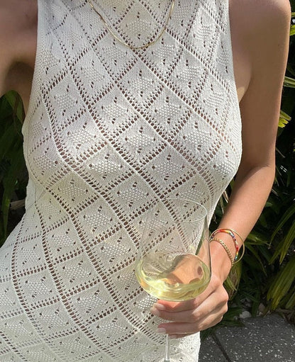 Women Hollow Out Crochet Knitted Dress Beach Slim Sleeveless O Neck Sexy Summer Party Split Maxi Dresses Black