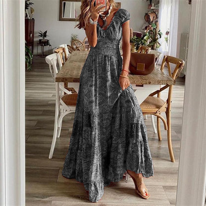 Summer Vintage Long Dresses Women Bohemian Elegant Floral Print V Neck Robe Beach Holiday Casual Big Swing Maxi Dresses