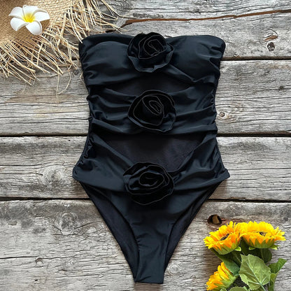 YESMYTOOL  -  One Piece Women Floral Lace Up 2024 Push-Up Padded Bra Black Swimsuit Swimwear Bathing Suit Beachwear Monokini Female