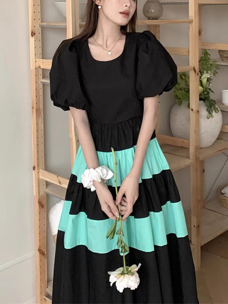 YESMYTOOL  -   Beautiful O Neck High Waist Loose Contrasting Color Patchwork Pleated Bubble Sleeve Women's Dress 2024 Spring Summer U9245