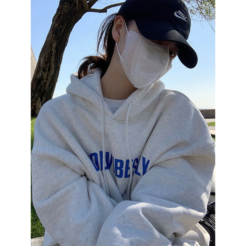 Womens Clothing Grey Vintage Street Sweatshirt Hoodie Letter Printing Long Sleeves Casual Warm Oversize Baggy Ladies Tops Autumn