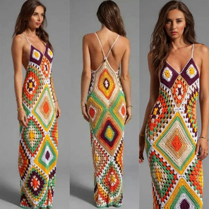 YESMYTOOL  -  Handmade Crochet Knitted Sling Maxi Dress Women  Summer Multi Color Backless Beachwear Bohemian Vacation Vestidos Sundress