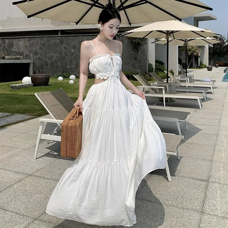 Women Beach Holiday White Dress Summer Backless Hollow Out Lace Up Bandage Long Dresses Female Club Party Fairy Maxi Dress