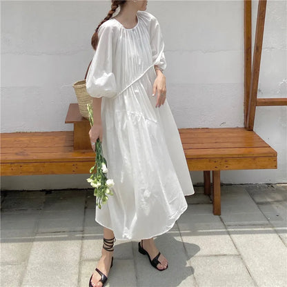 YESMYTOOL  -  Causal Puff Sleeve Cotton Dress Women Round Neck A-line Long Dresses Loose Birthday Party Dress Korean Fashion Beach Sundress