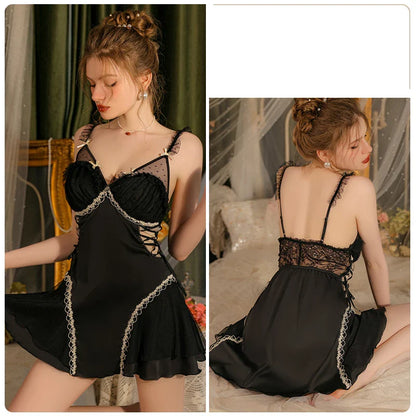 YESMYTOOL  -  Sweet Women Pajamas Bathrobe Backless Suspender Nightdress Sexy V Neck Lace Silk Nightgown Robe Set Homewear Bridesmaids Gifts