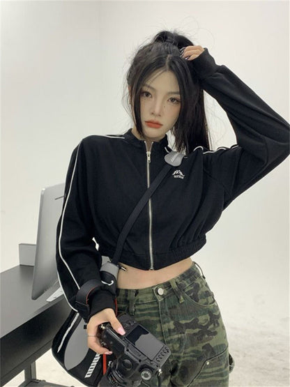 Y2K Vintage Zip Up Cropped Hoodie Women Korean Fashion Striped Black Jackets Female Kpop Egirl Harajuku Sweatshirt Sping