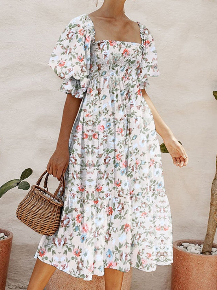 Summer Casual Short Sleeve Floral Print Mini Dress Women Fashion Puff Sleeve Loose Dress Elegant Square Collar Beach Party Dress