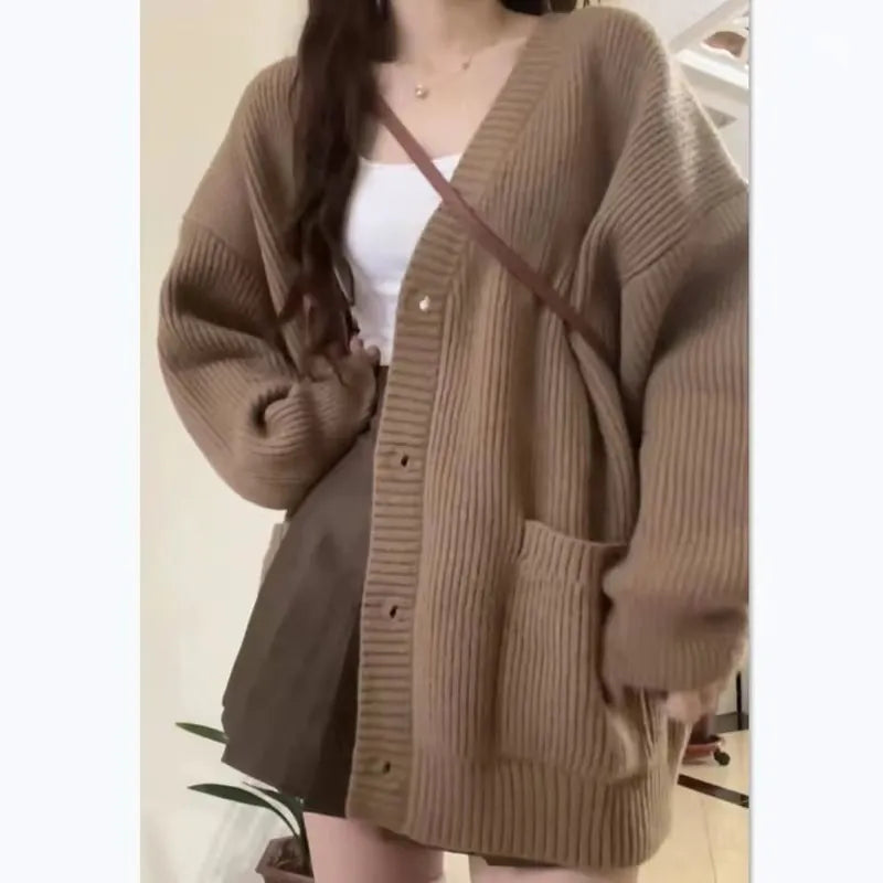 Autumn Winter Women Cardigan Sweater Coats Fashion Female Long Sleeve V-neck Loose Knitted Jackets Casual Sweater Cardigans