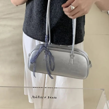 Silver Leather Womens Shoulder Bag Casual Korean Style Fashion Elegant Handbag Aesthetic Female Exquisite New Armpit Bag