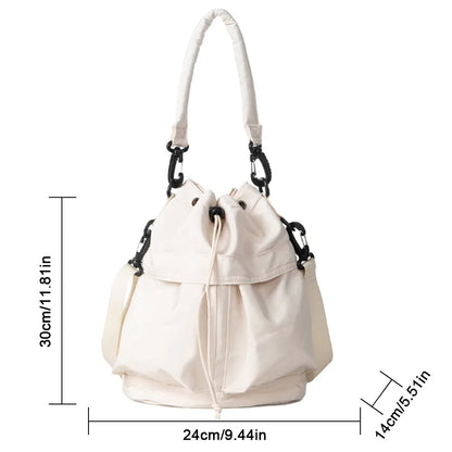 Bucket Bag for Women Nylon Solid Color Crossbody Bag Fashion Drawstring Top-handle Handbag Casual Large Capacity Commute Bag