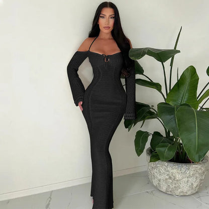 Hollow Out Backless Knitted Sexy Maxi Dress For Women Autumn New Off-shoulder Strapless Bodycon Long Dress Elegant