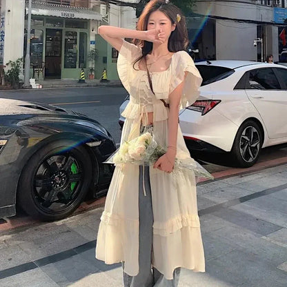 Women Long Dress Y2K Sweet Slash Neck Vintage Hollow Out Perspectival Dress Summer Streetwear Holiday Bandage Dress Female New