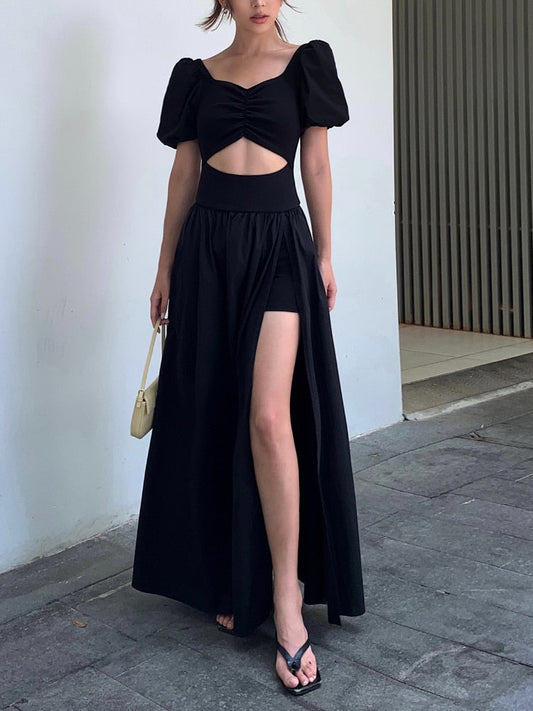 Summer Black Vintage Y2k Dress Women Solid Sexy Split Party Midi Dress Female Casual Korean Fashion Designer Retro Dress