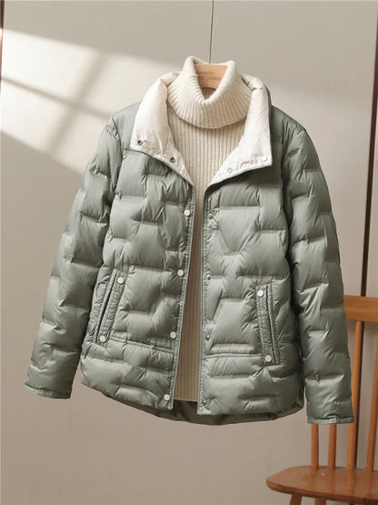 Autumn Winter Women White Duck Down Coat Casual Lapel Single Breasted Jacket Fashion Light Puffer Parka Outwear