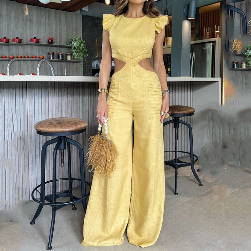 Women Jumpsuit Fashion Solid Round Neck Ruffled Short Sleeve Hollow Out Open Waist Wide Legs Loose Long Pants Jumpsuit