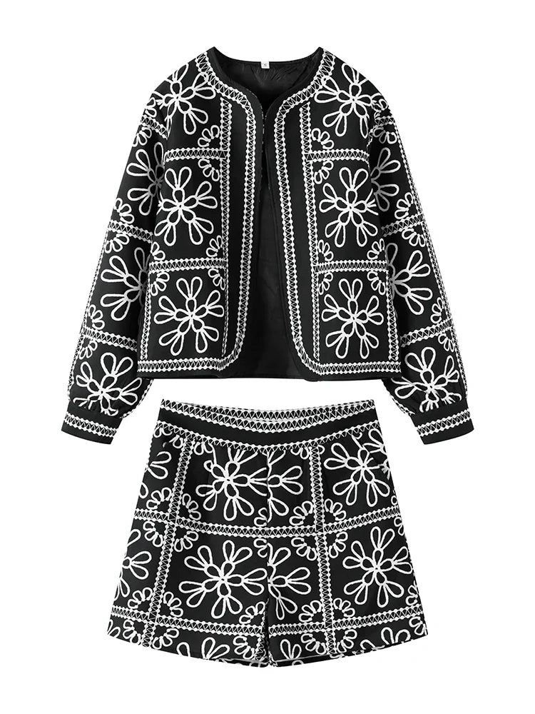 dingdamall  -  Casual Printed Jacket Shorts Set Women O-neck Long Sleeve Cardigan High Waist Shorts Suit Female Autumn Lady High Street Outfit