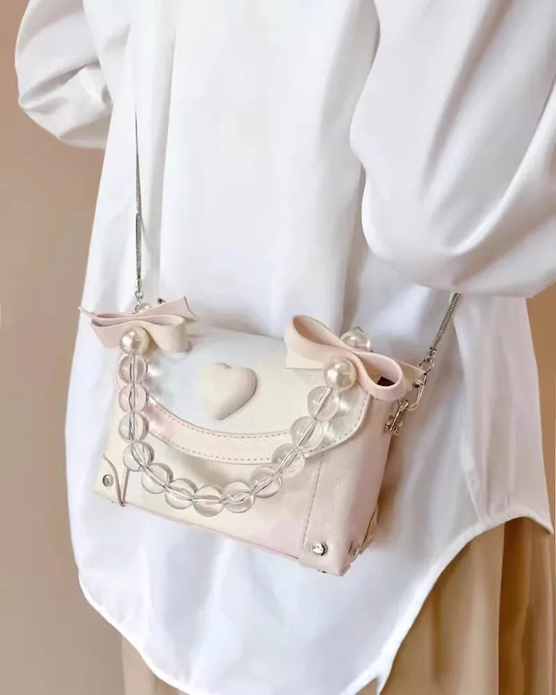 Sweet Pink Messenger Bag Women Fairycore Aesthetic Handle Pearl Chain Crossbody Bags Ladies Harajuku Heart Y2k Hand Bag