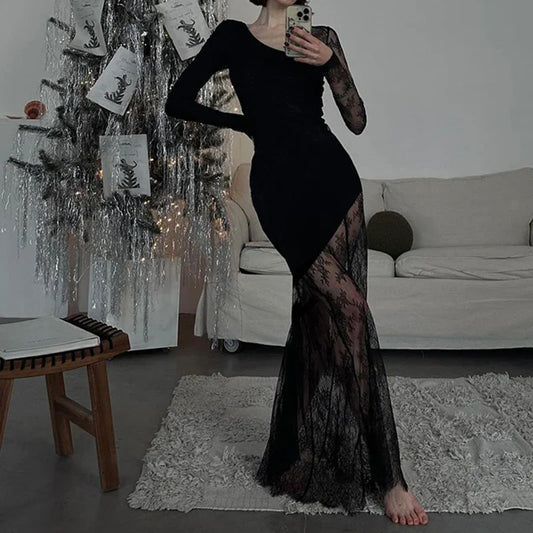 YESMYTOOL  -  Asymmetrical Black Sexy Lace Dress Party Elegant Transparent Fashion Long Dress Women Prom Evening Outfits Summer New