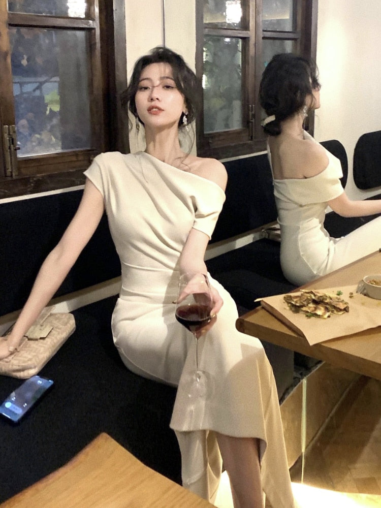 Vintage Fashion One Shoulder Folds Ladies Summer Sleeveless Bodycon Dress Elegant Chic Party Evening Wedding Dresses for Women