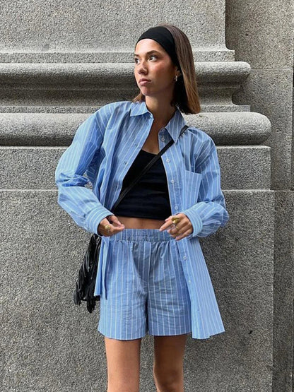 dingdamall  -  Blue Pocket Striped Shorts Sets Women Single Breasted Long Sleeve Blouse+Elastic Waist Casual Short Pant 2 Piece Set 2025 Spring