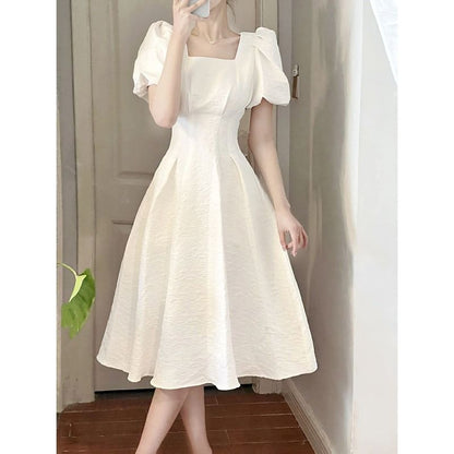 Vintage Elegant Wrap Dresses Woman French Retro Black Puff Sleeve Midi Dress Square Collar Summer Fashion Solid Kpop