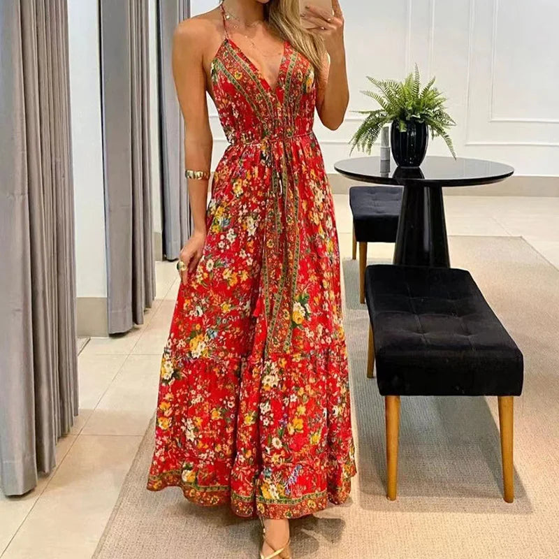 YESMYTOOL  -  Vintage Printed Tie-up Bohe Suspender Dress Women Elegant V-neck Hight Split Long Dress Summer Sexy Sleeveless Beach Cover Up