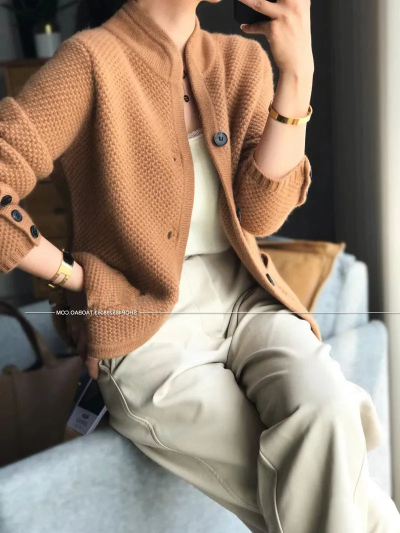 Autumn Winter New Thickened 100% Cashmere Wool Cardigan Women Stand Neck Sweater Sweater Loose Knit Base Wool Sweater Jacket